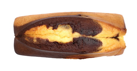 Vanilla and cocoa cake, bread loaf isolated on white background, top view