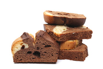 Vanilla and cocoa cake, bread slices isolated on white background