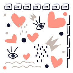 Hand drawn vector illustration, collage . Psychedelic design . Abstract composition with hearts, geometric shapes, eyes, crown and doodles . Modern Scandinavian flat design for cover, Poster, greeting