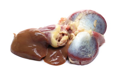 Raw goose liver and stomach, gizzard organs isolated on white background