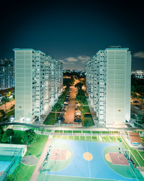 Top View Eunos Neighborhood HDB Complex In Singapore At Evening