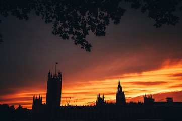Fototapeta na wymiar House of parliament in London, sunset sky, silhouette. Symbol of UK, Great Britain