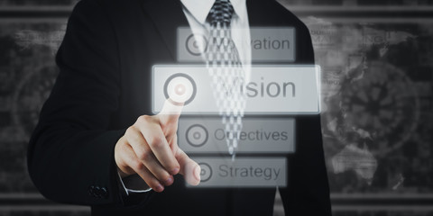 Fototapeta na wymiar Businessman Pressing Button, Icons on Virtual Screen. Vision, Strategy, Planning Concept