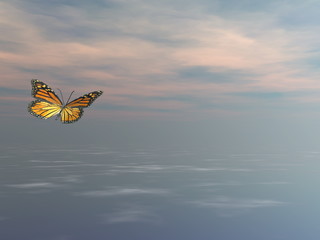 Single monarch butterfly flying upon the ocean - 3D render