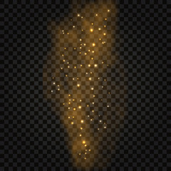 Golden smoke with glow effect. Abstract gold fog with light sparkles, star dust, glitter. Vector illustration