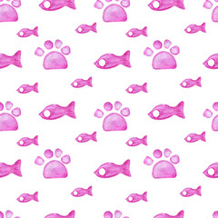 Paw cat watercolor pink fish featherless pattern on white background for design of paper or textile.