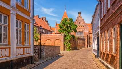 Street and houses in Ribe town, Denmark
