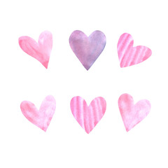 Set of pink red and blue watercolor hearts. Perfect for creating romantic postcards and Valentines Day decor. Hand drawn. Isolated on white background