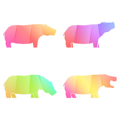 Set of multi-colored gradient hippos in different poses, vector illustration