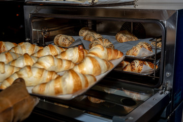 Freshly baked croissants in a bakery in Madrid, Spain