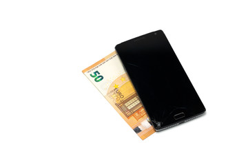 Smartphone with broken display lying on fifty euro banknote. Isolated on White.