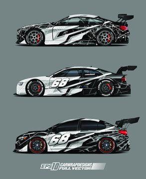 Racing car wrap design vector set. Graphic abstract stripe racing background kit designs for wrap vehicle, race car, rally, adventure and livery. Full vector eps 10