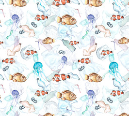 Fishes in plastic trash. Seamless pattern. Ecology problems concept. Hand-drawn watercolor environment pollution illustration. Plastic bottles, bags, cups. White background. Ocean pollution.