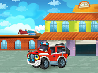 cartoon scene with car vehicle on the road near the garage or repair station - illustration for children