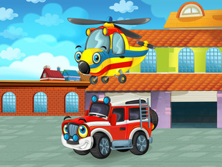 cartoon scene with car vehicle on the road near the garage or repair station - illustration for children