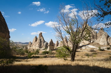 Hiking through Cappadocia valleys and deserts. View to the famous rocks and cave houses. Cappadocia, Turkey