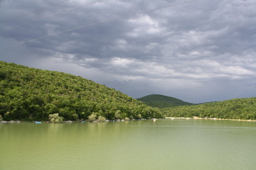 landscape with lake and blue sky