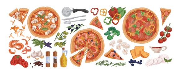Pizza ingredients flat vector illustrations set. Hand drawn mushrooms, seafood and vegetables isolated on white background. Pizza cutter knife, cutlery, salt and pepper shakers. Italian snack slices.