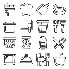 Kitchen and Cooking Icons Set on White Background. Line Style Vector