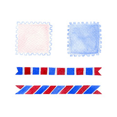 Watercolor postage stamps and ribbons, isolated on a white background. Hand-drawn illustration. Empty blanks