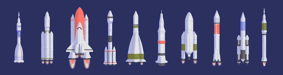 Rockets and spaceships flat vector illustrations set. Space shuttles for universe exploration and interstellar travel. Various spacecrafts isolated on dark blue background. Aerospace engineering.