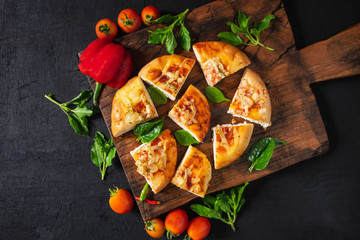 .Hot pizza on wooden tray for pizza