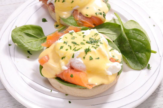 Muffin With Poached Egg, Sauce And Salmon