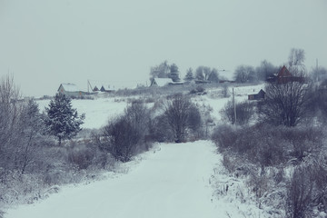 Fototapeta premium Winter in the Russian village / winter landscape, forest in Russia, snow-covered trees in the province