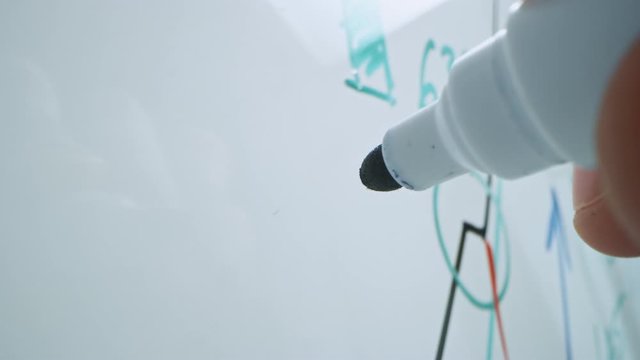 Macro Follow Shot of a Blue Marker Pen Being Held with a Hand. Person Writing on a Whiteboard with Graphs and Business Plans. Pencil is Connected to the Camera. Gripped Shot. Underlining Data.