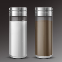 Glass salt and black pepper shaker with metal cap. Vector realistic transparent bottle salt cellars full of spice and condiments in front view