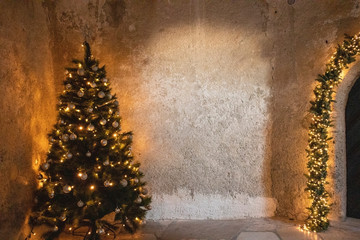 Christmas background with a christmas tree and lights
