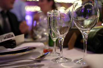 Evening event with wine glasses on the tables