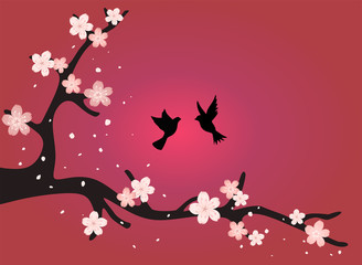 Pink background with branch of cherry blossoms and birds at sunset.Tree stencil with flowers,falling petals,flying dove silhouette.Japanese sakura.Love.Gift card.Brochure.Banner design.Hello spring.
