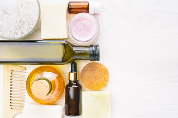 Body care products in recyling and reusing package. Zero waste concept