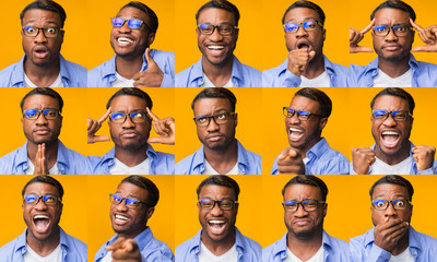 Set Of Black Man Expressions And Emotions Over Yellow Background