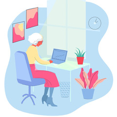 Adult woman working on computer back view