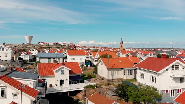 Smooth aerial drone flight over residential area  of Smogen, Bohuslan in Sweden