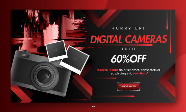 Red and black layout banner or horizontal template design with 60% discount offer for Digital Cameras.