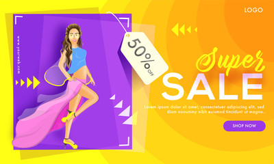 Super Sale banner design with 50% discount offer and modern young girl on abstract background.