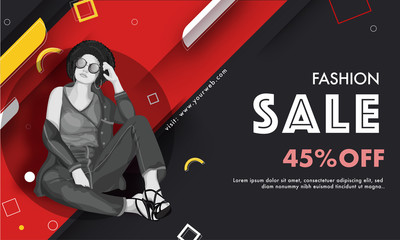 Red and black layout web banner design with young girl character and 45% discount offer for Fashion Sale.