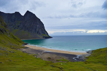 Fototapeta premium Spectacular view at Kvalvika beach and mountains