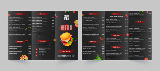 Front and Back View of Fast Food Menu Card for Restaurant and Cafe.