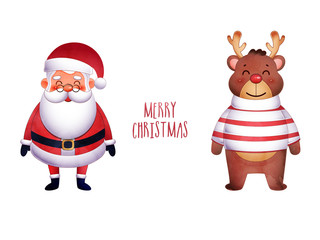 Merry Christmas Celebration Concept with Santa Claus Character and Cartoon Reindeer wearing Woolen Cloth on White Background.