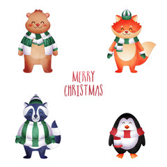 Illustration of Cartoon Animal such as Bear, Fox, Raccoon Dog and Penguin Standing on White Background for Merry Christmas Celebration Concept.