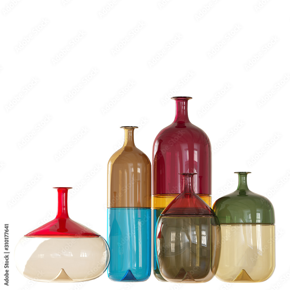 Poster decorative multicolored bottles against an isolated background. 3d rendering