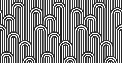 Nahtloses Muster mit verdrehten Linien, vektorlinearer Kachelhintergrund, gestreiftes Weben, optisches Labyrinth, verdrehte Streifen. Schwarz-Weiß-Design.