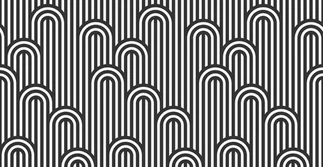  Naadloze patroon met gedraaide lijnen, vector lineaire tegels achtergrond, gestreept weven, optische doolhof, gedraaide strepen. Zwart-wit ontwerp. © Sylverarts