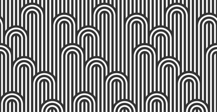 Seamless pattern with twisted lines, vector linear tiling background, stripy weaving, optical maze, twisted stripes. Black and white design.