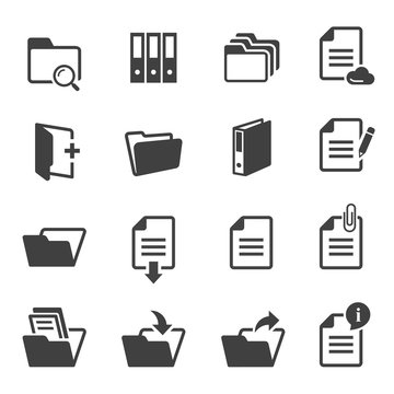 Documents and folders black and white glyph icons set.