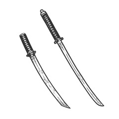 Japanese sword Katana and Wakizashi sketch engraving vector illustration. T-shirt apparel print design. Scratch board style imitation. Hand drawn image.